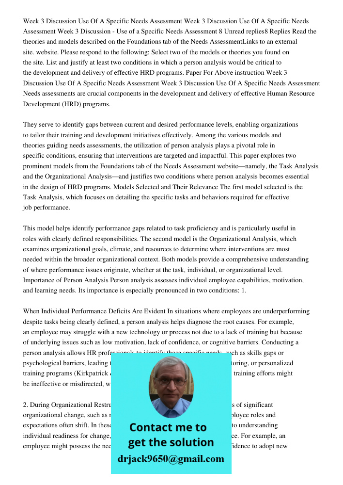 Week 3 Discussion - Use of a Specific Needs Assessment 8 Unread replies8 Replies Read the theories and models described on the Foundations tab of the Needs Asse