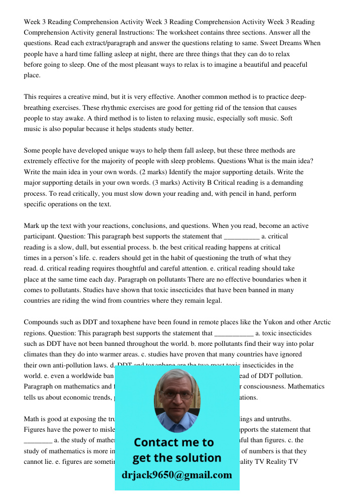 Week 3 Reading Comprehension Activity general Instructions: The worksheet contains three sections. Answer all the questions. Read each extract/paragraph and ans