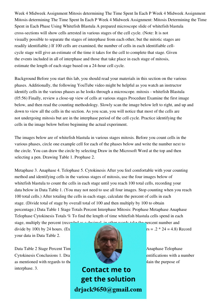 Week 4 Midweek Assignment: Mitosis Determining the Time Spent in Each Phase Using Whitefish Blastula A prepared microscope slide of whitefish blastula cross-sec