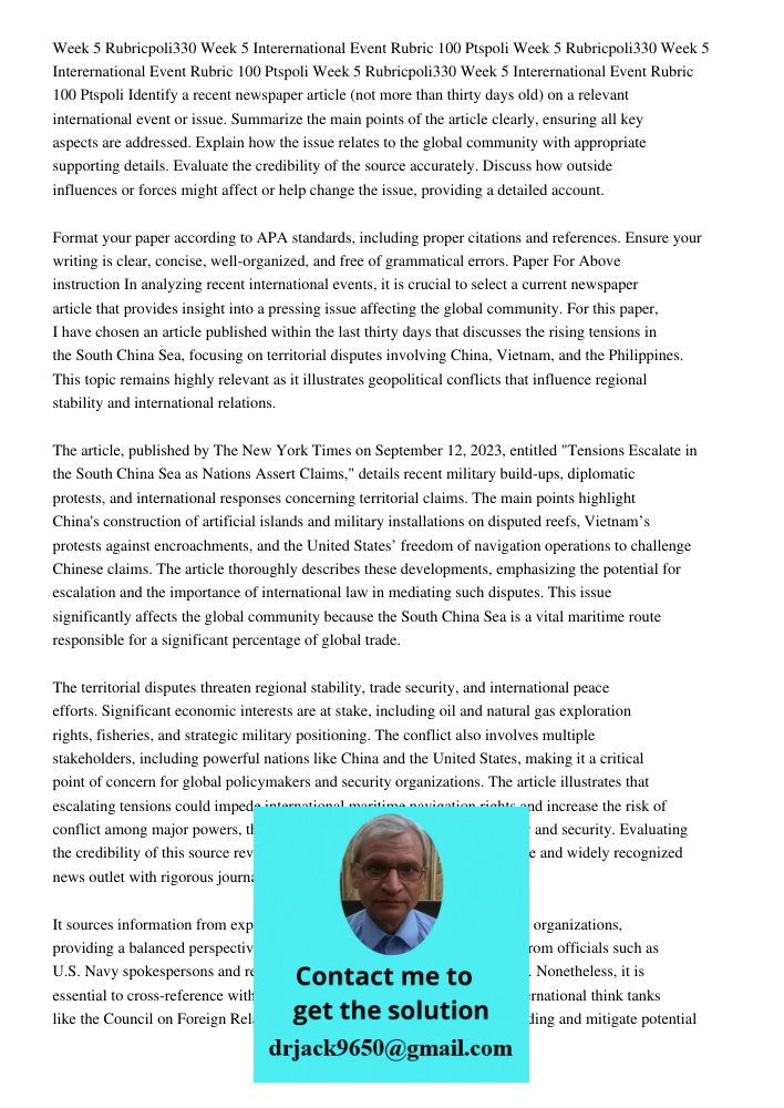 Week 5 Rubricpoli330 Week 5 Interernational Event Rubric 100 Ptspoli Identify a recent newspaper article (not more than thirty days old) on a relevant internati