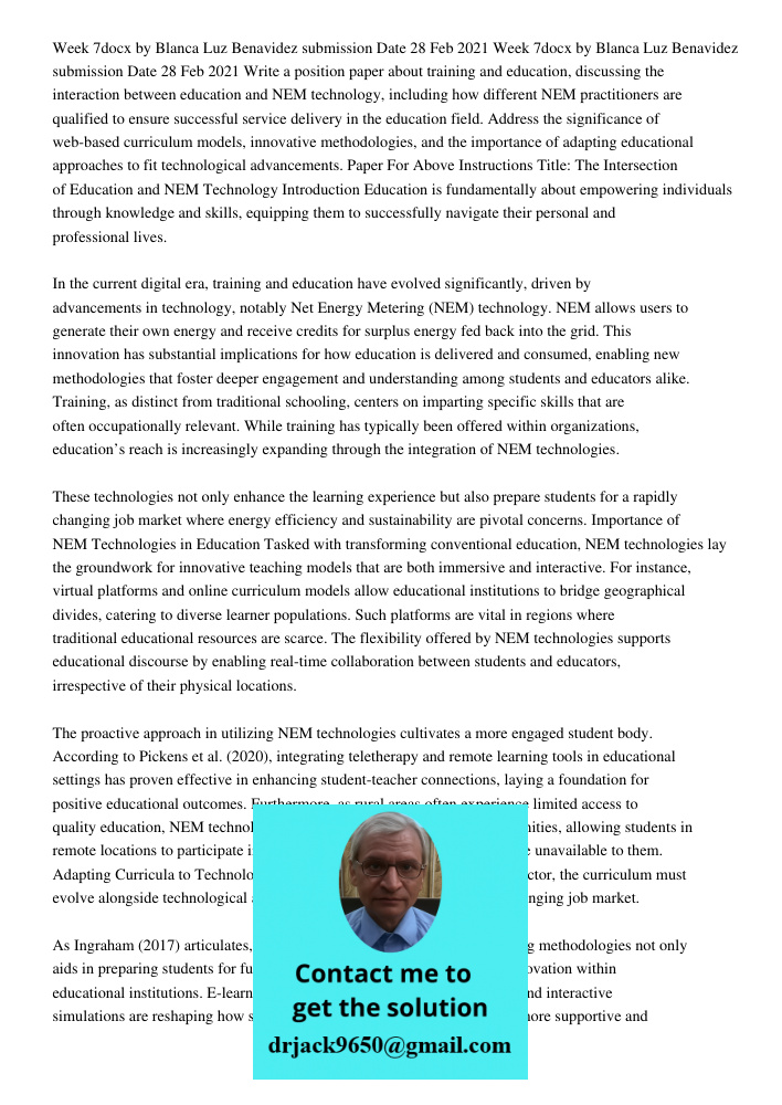 Write a position paper about training and education, discussing the interaction between education and NEM technology, including how different NEM practitioners 