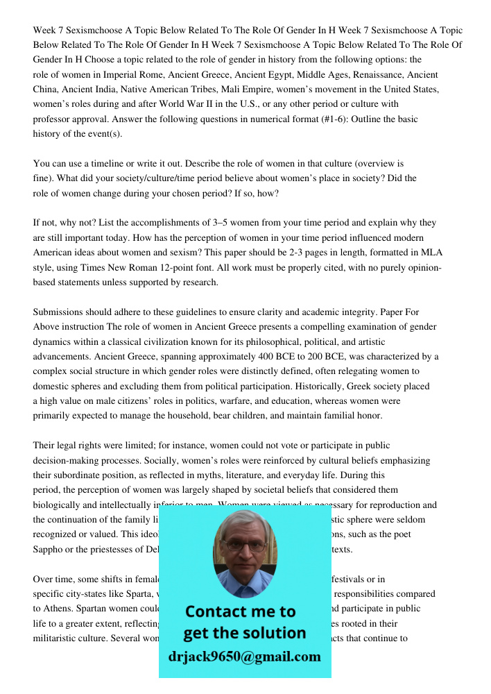 Week 7 Sexismchoose A Topic Below Related To The Role Of Gender In H Choose a topic related to the role of gender in history from the following options: the rol