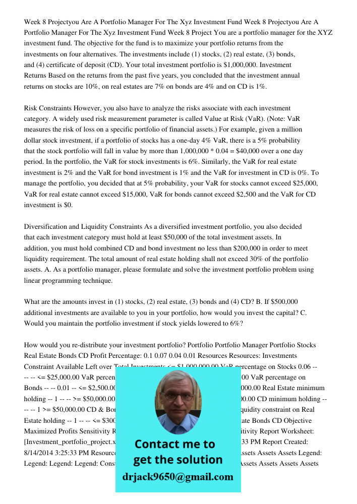 Week 8 Project You are a portfolio manager for the XYZ investment fund. The objective for the fund is to maximize your portfolio returns from the investments on