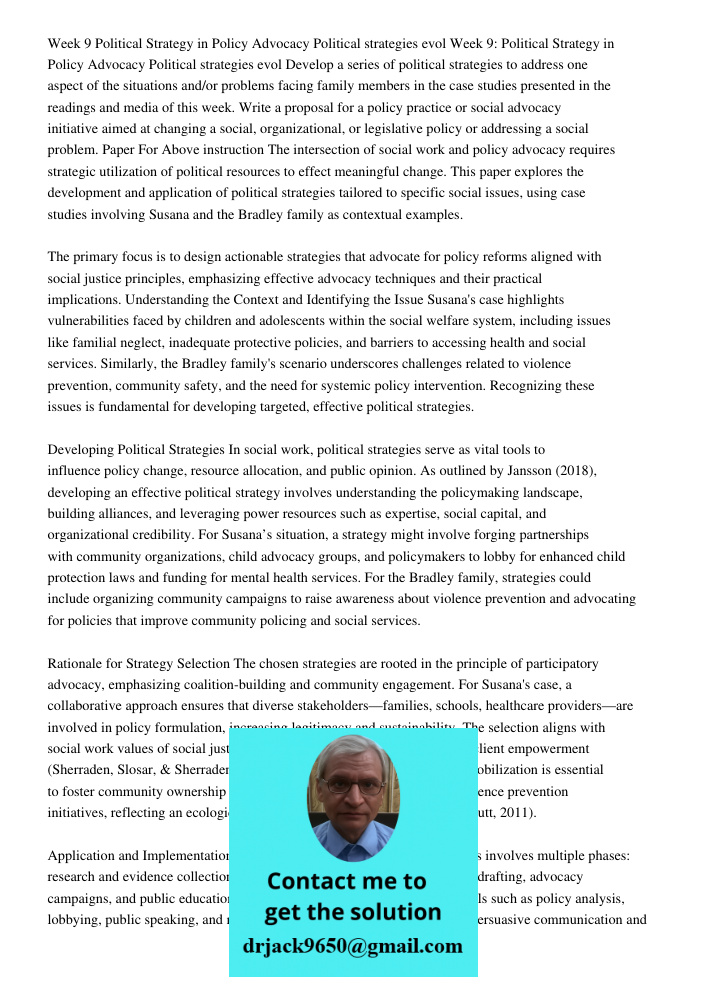 Develop a series of political strategies to address one aspect of the situations and/or problems facing family members in the case studies presented in the read