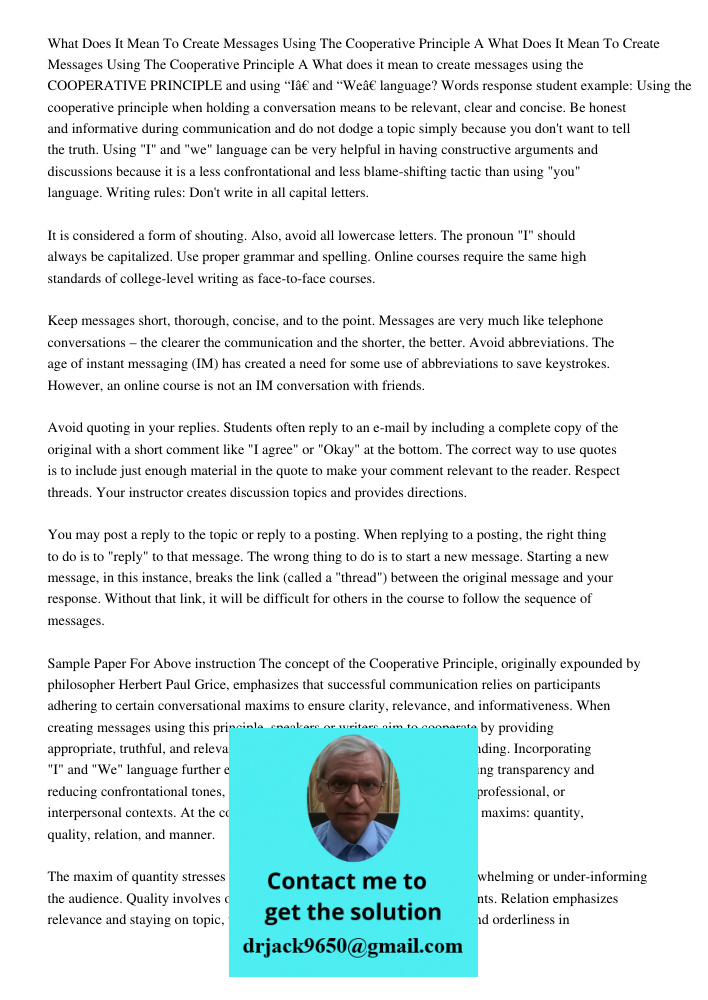 What does it mean to create messages using the COOPERATIVE PRINCIPLE and using “I” and “We” language? Words response student example: Using the cooperative prin