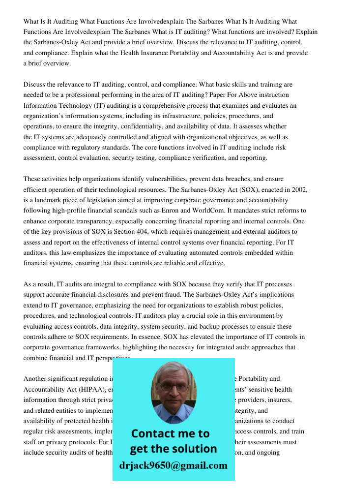 What is IT auditing? What functions are involved? Explain the Sarbanes-Oxley Act and provide a brief overview. Discuss the relevance to IT auditing, control, an