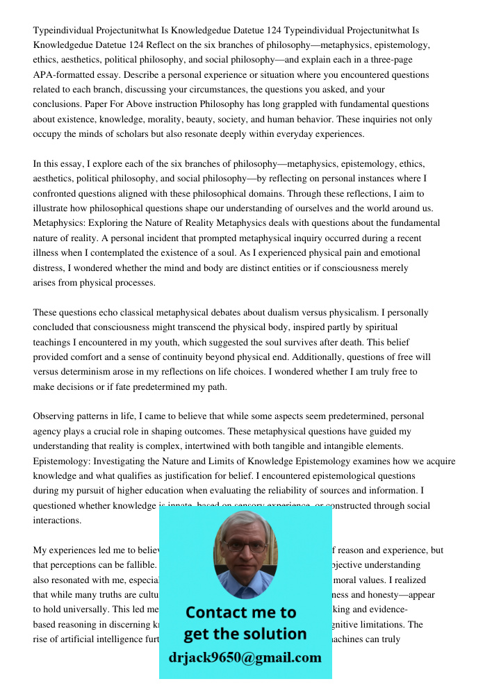 Reflect on the six branches of philosophy—metaphysics, epistemology, ethics, aesthetics, political philosophy, and social philosophy—and explain each in a three