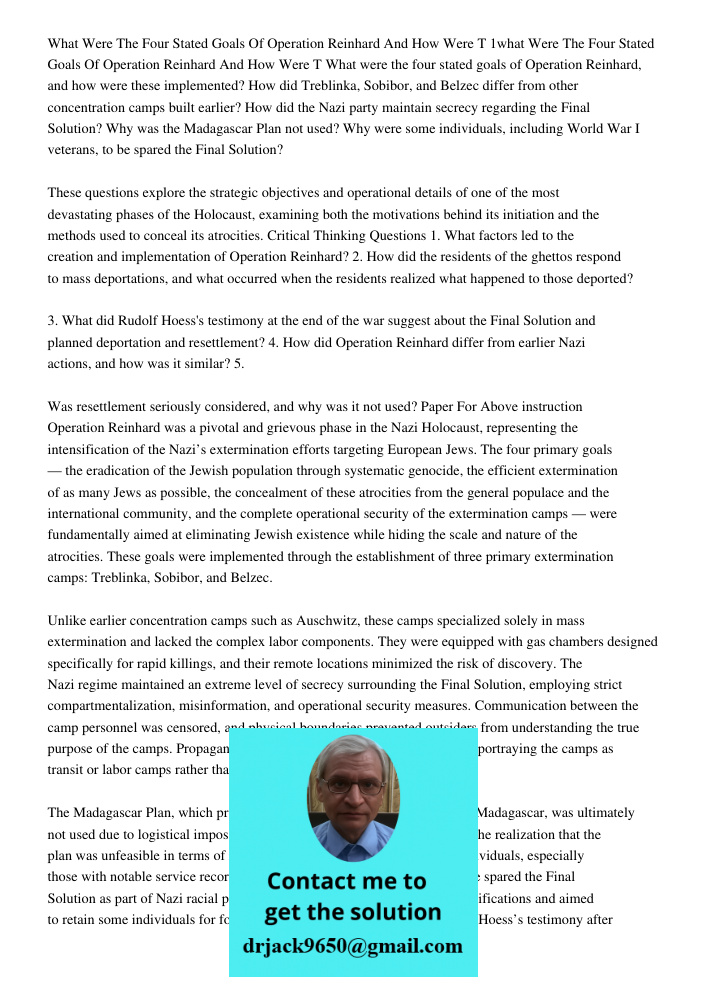 What were the four stated goals of Operation Reinhard, and how were these implemented? How did Treblinka, Sobibor, and Belzec differ from other concentration ca