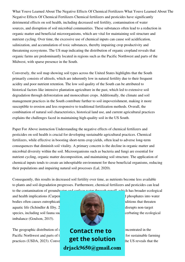 Chemical fertilizers and pesticides have significantly detrimental effects on soil health, including decreased soil fertility, contamination of water sources, a