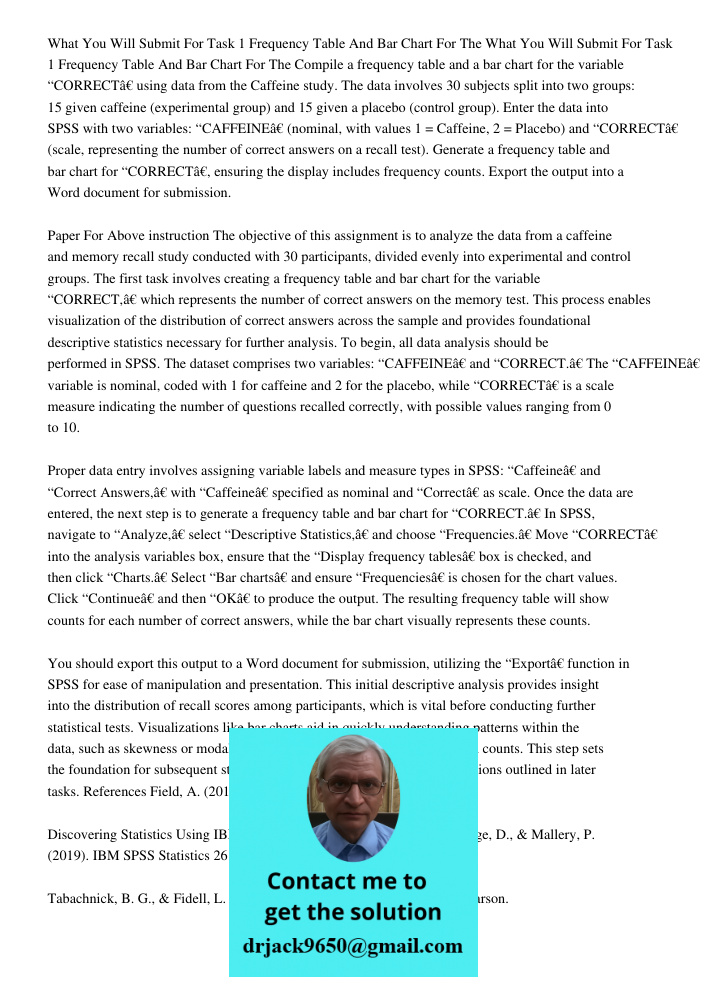 Compile a frequency table and a bar chart for the variable “CORRECT” using data from the Caffeine study. The data involves 30 subjects split into two groups: 15