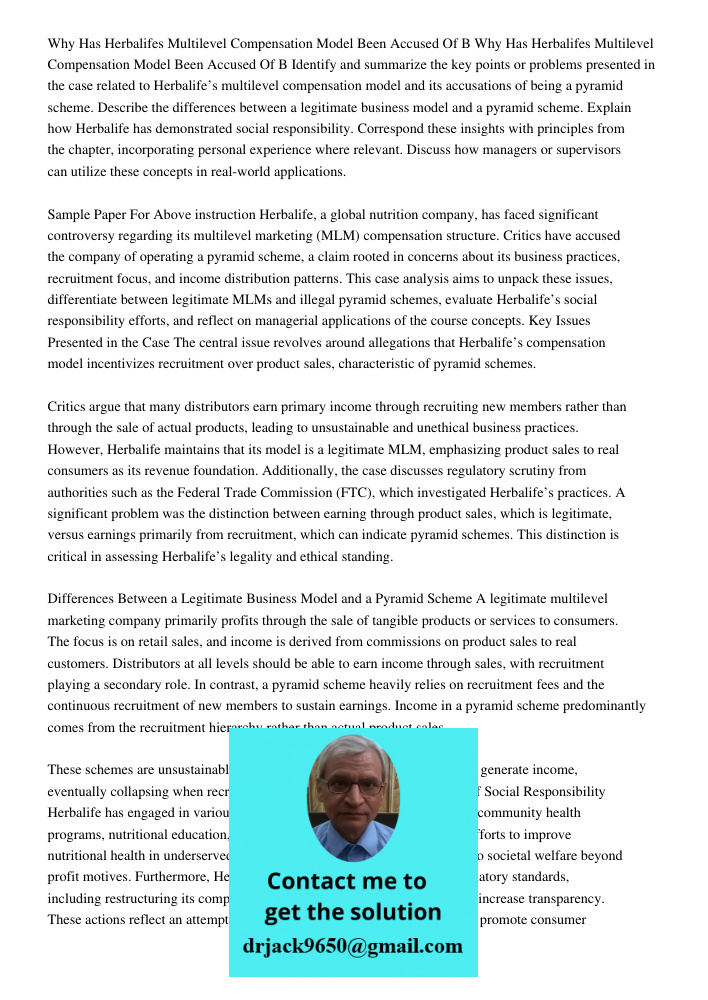 Identify and summarize the key points or problems presented in the case related to Herbalife’s multilevel compensation model and its accusations of being a pyra
