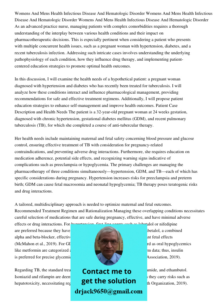 Womens And Mens Health Infectious Disease And Hematologic Disorder As an advanced practice nurse, managing patients with complex comorbidities requires a thorou