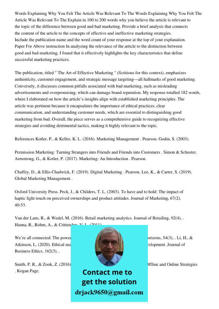 Explain in 100 to 200 words why you believe the article is relevant to the topic of the difference between good and bad marketing. Provide a brief analysis that