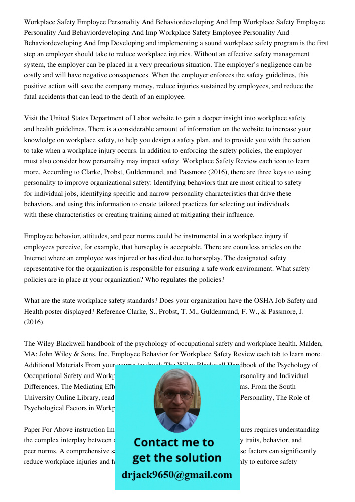 Workplace Safety Employee Personality And Behaviordeveloping And Imp Developing and implementing a sound workplace safety program is the first step an employer 