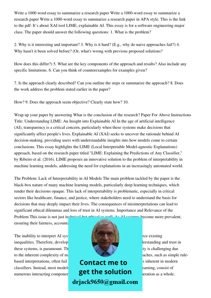 Write a 1000-word essay to summarize a research paper in APA style. This is the link to the pdf: It’s about XAI tool LIME, explainable AI. This essay is for a s