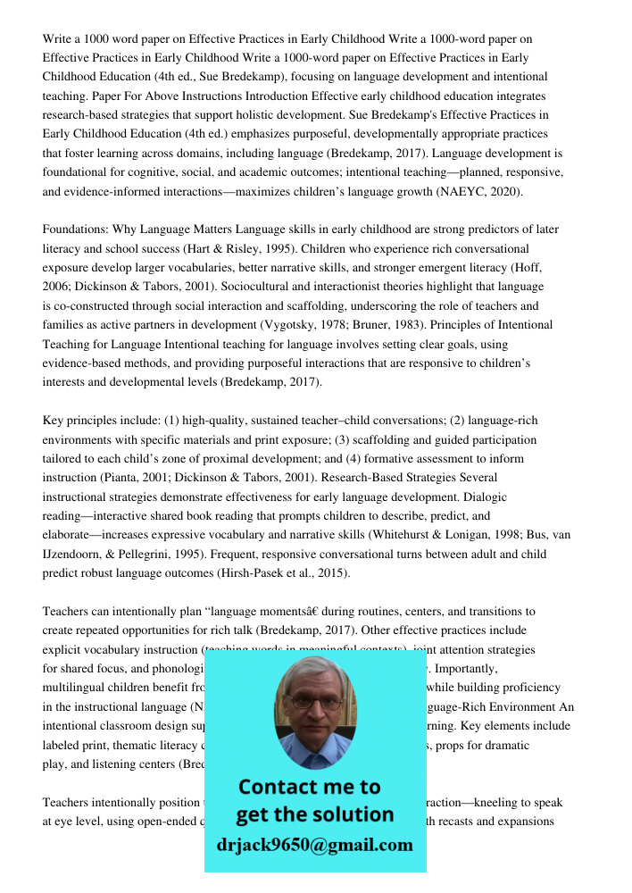 Write a 1000-word paper on Effective Practices in Early Childhood Education (4th ed., Sue Bredekamp), focusing on language development and intentional teaching.