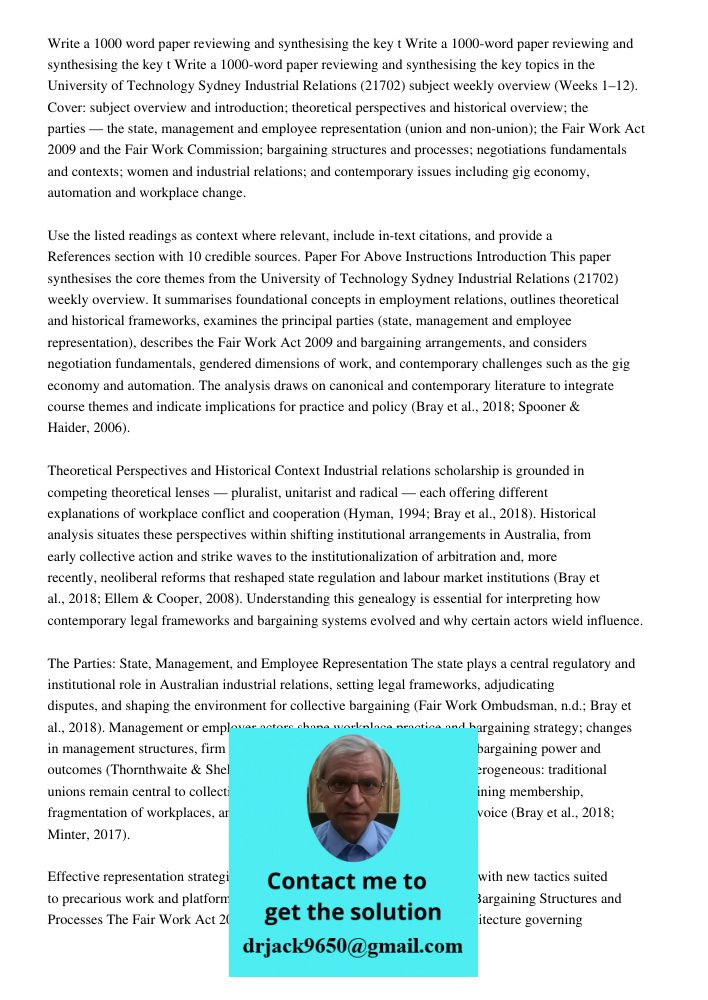 Write a 1000-word paper reviewing and synthesising the key topics in the University of Technology Sydney Industrial Relations (21702) subject weekly overview (W