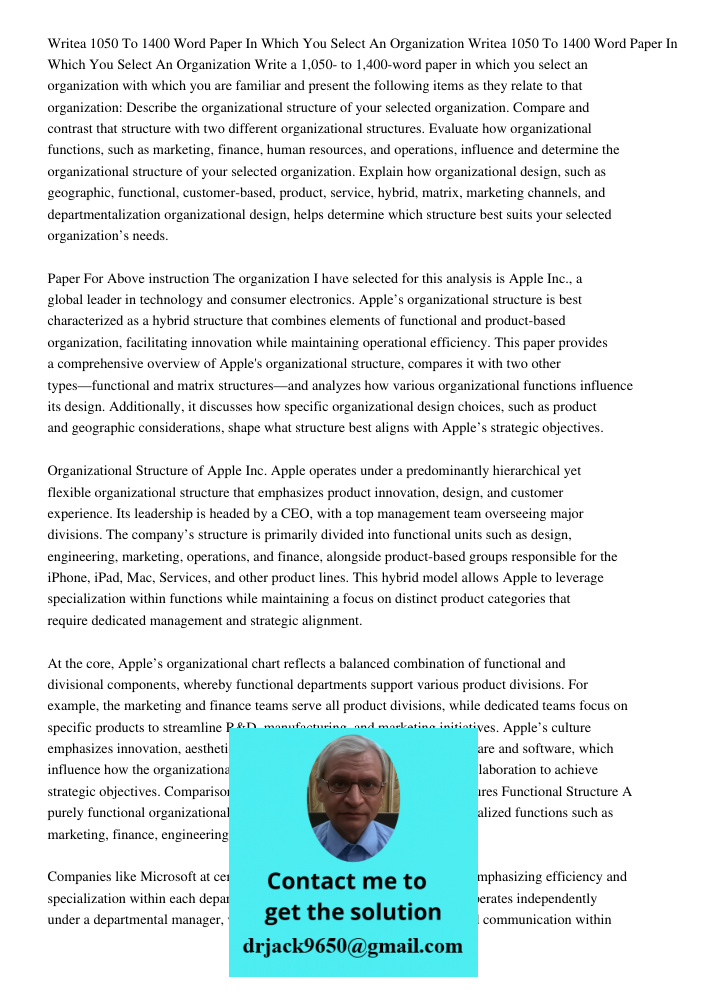 Write a 1,050- to 1,400-word paper in which you select an organization with which you are familiar and present the following items as they relate to that organi