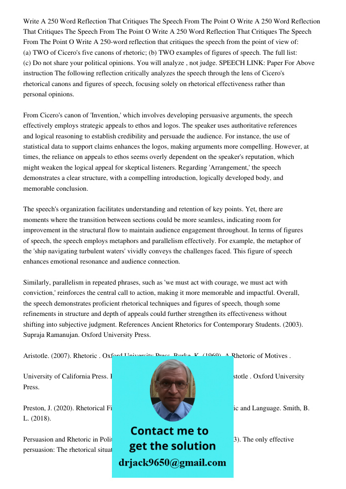 Write A 250 Word Reflection That Critiques The Speech From The Point O Write A 250-word reflection that critiques the speech from the point of view of: (a) TWO 