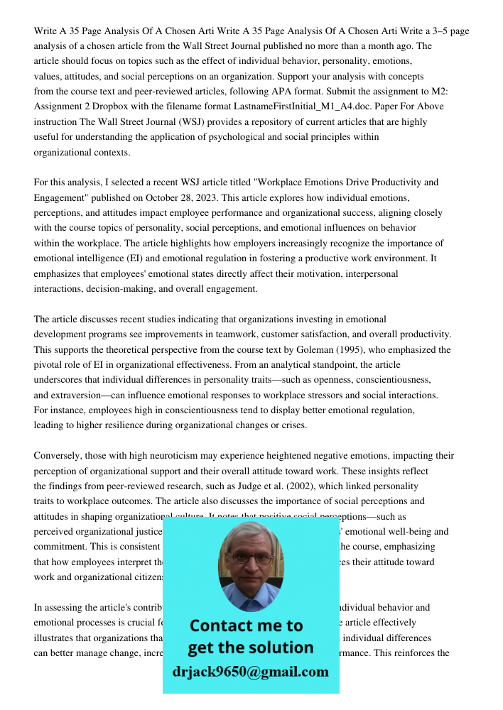 Write a 3–5 page analysis of a chosen article from the Wall Street Journal published no more than a month ago. The article should focus on topics such as the ef