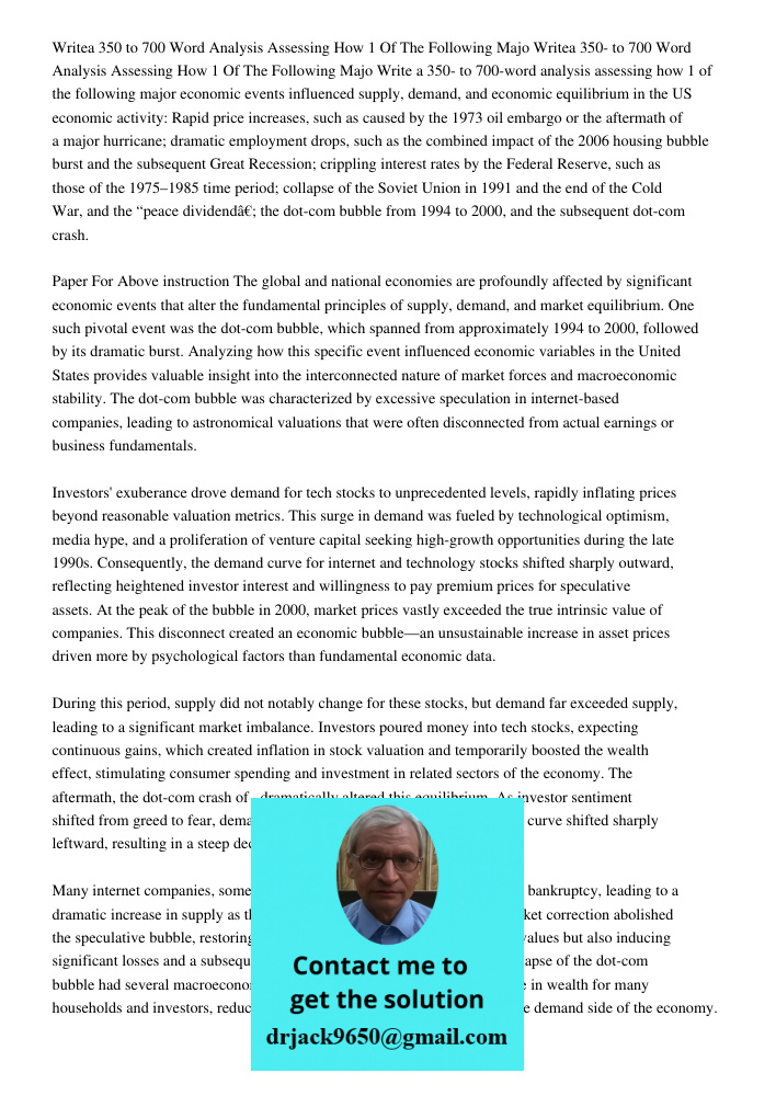 Write a 350- to 700-word analysis assessing how 1 of the following major economic events influenced supply, demand, and economic equilibrium in the US economic 