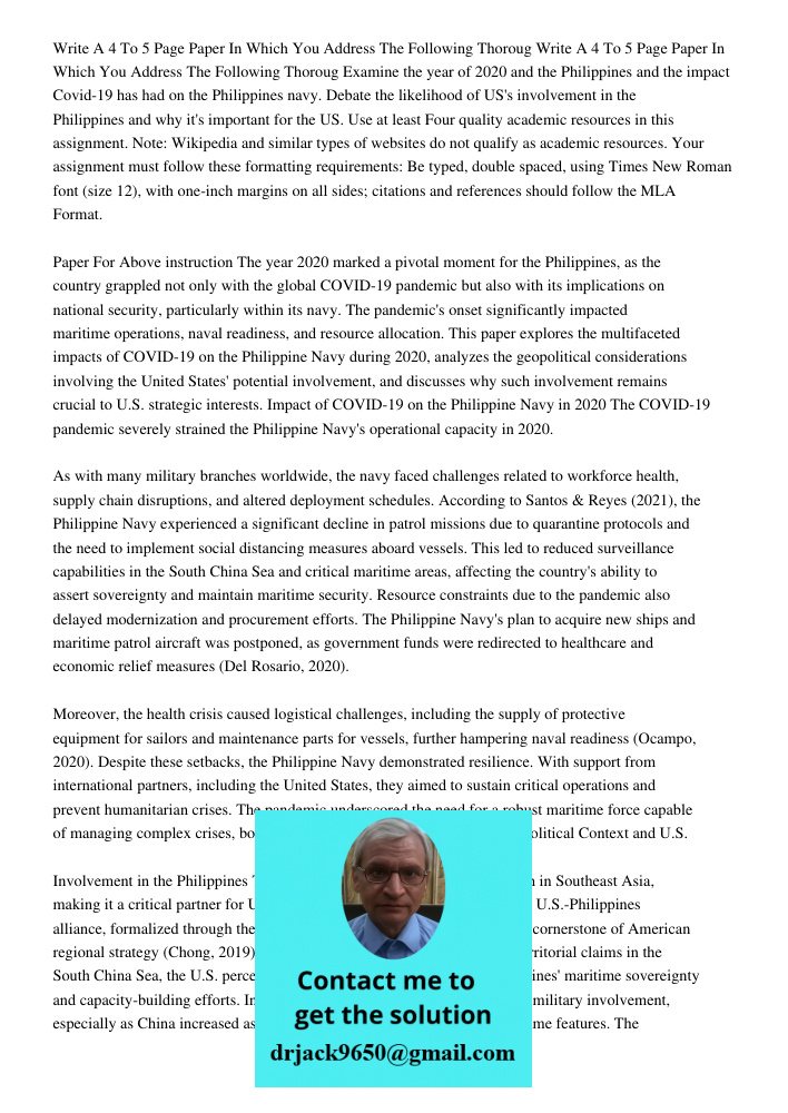 Examine the year of 2020 and the Philippines and the impact Covid-19 has had on the Philippines navy. Debate the likelihood of US's involvement in the Philippin