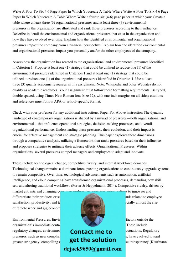 Write a four to six (4-6) page paper in which you: Create a table where at least three (3) organizational pressures and at least three (3) environmental pressur