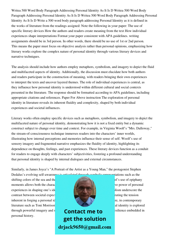 Writea 500 Word Body Paragraph Addressing Personal Identity As It Is D Write a 500 word body paragraph addressing Personal Identity as it is defined in the work