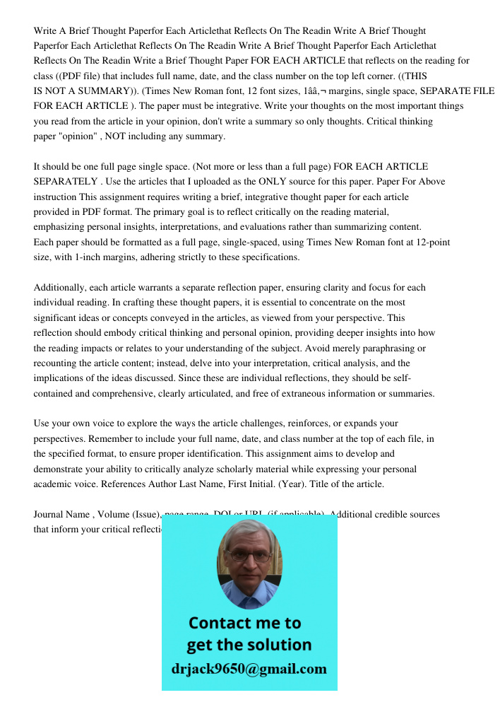 Write A Brief Thought Paperfor Each Articlethat Reflects On The Readin Write a Brief Thought Paper FOR EACH ARTICLE that reflects on the reading for class ((PDF