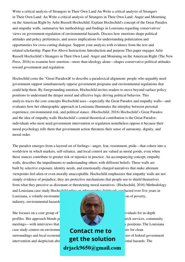 Write a critical analysis of Strangers in Their Own Land: Anger and Mourning on the American Right by Arlie Russell Hochschild. Explain Hochschild's concept of 