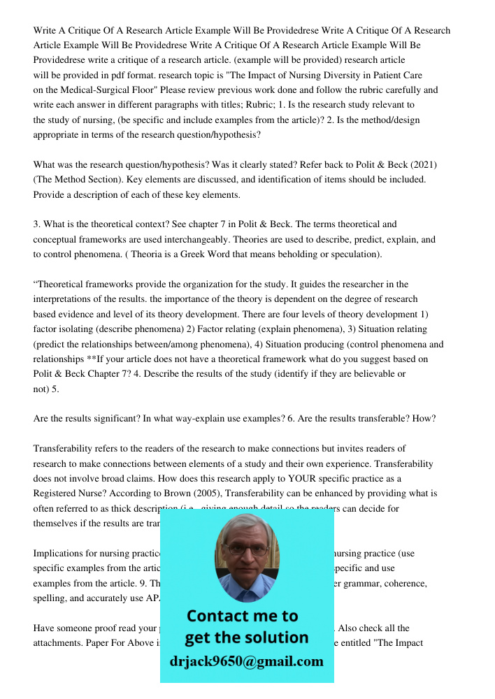 Write A Critique Of A Research Article Example Will Be Providedrese write a critique of a research article. (example will be provided) research article will be 