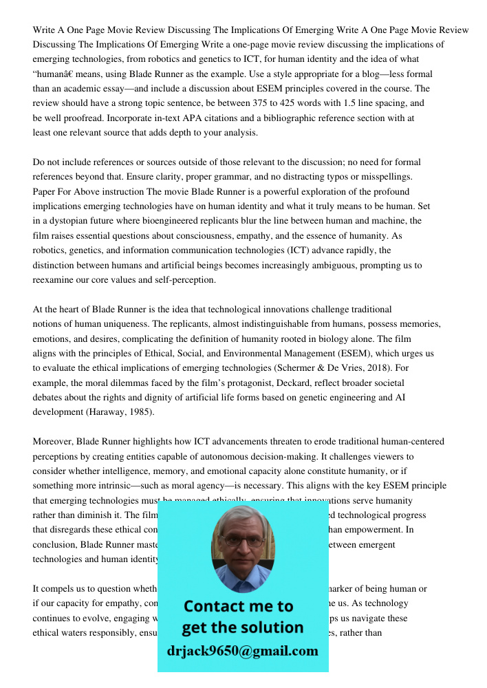 Write a one-page movie review discussing the implications of emerging technologies, from robotics and genetics to ICT, for human identity and the idea of what “