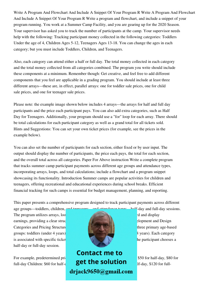Write a program and flowchart, and include a snippet of your program running. You work at a Summer Camp Facility, and you are gearing up for the 2020 Season. Yo
