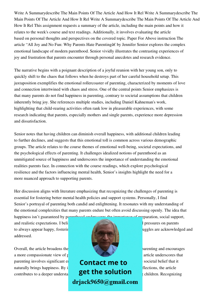 Write A Summarydescribe The Main Points Of The Article And How It Rel This assignment requests a summary of the article, including the main points and how it re