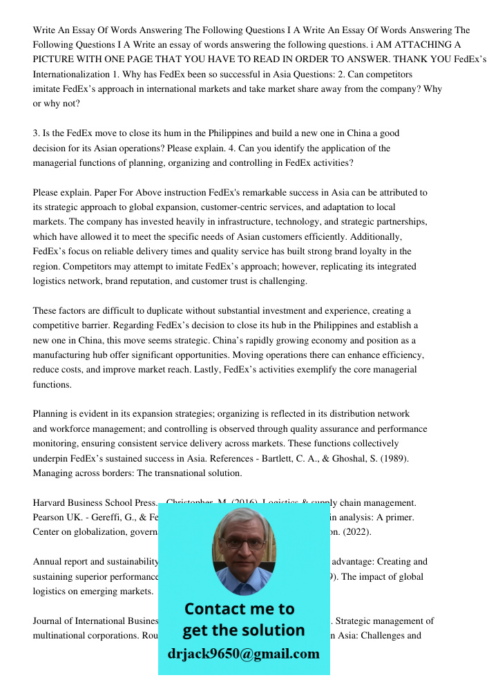 Write an essay of words answering the following questions. i AM ATTACHING A PICTURE WITH ONE PAGE THAT YOU HAVE TO READ IN ORDER TO ANSWER. THANK YOU FedEx’s Su