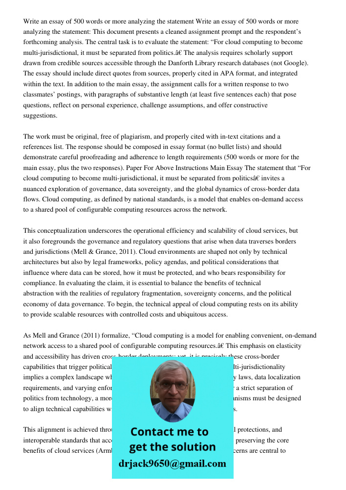 This document presents a cleaned assignment prompt and the respondent’s forthcoming analysis. The central task is to evaluate the statement: “For cloud computin