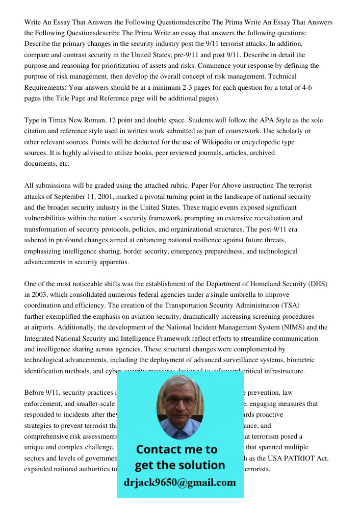 Write an essay that answers the following questions: Describe the primary changes in the security industry post the 9/11 terrorist attacks. In addition, compare