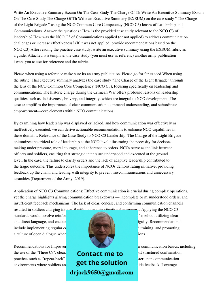 Write an Executive Summary (EXSUM) on the case study " The Charge of the Light Brigade " using the NCO Common Core Competency (NCO C3) lenses of Leadership and 