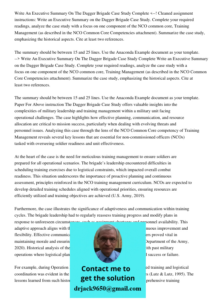 Write an Executive Summary on the Dagger Brigade Case Study. Complete your required readings, analyze the case study with a focus on one component of the NCO co