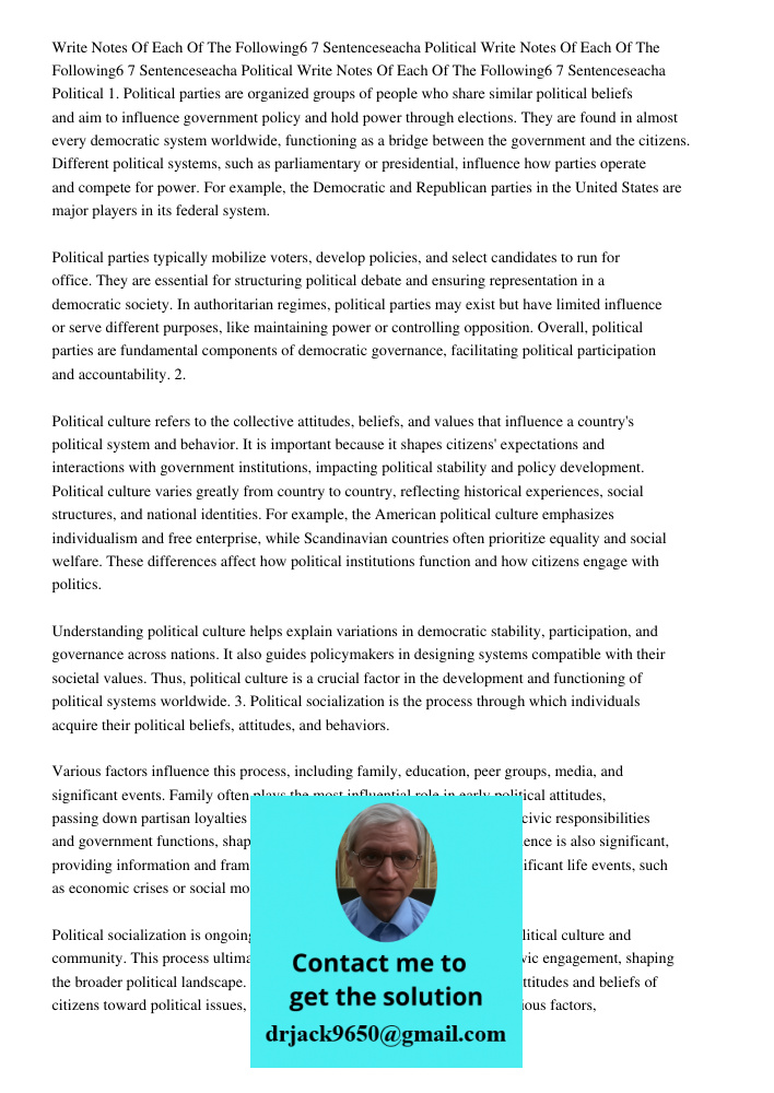 Write Notes Of Each Of The Following6 7 Sentenceseacha Political 1. Political parties are organized groups of people who share similar political beliefs and aim