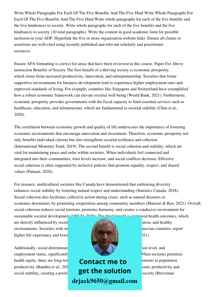 Write whole paragraphs for each of the five benefits and the five hindrances to society. Write whole paragraphs for each of the five benefits and the five hindr