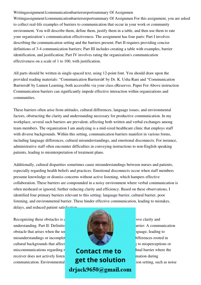 For this assignment, you are asked to collect real-life examples of barriers to communication that occur in your work or community environment. You will describ