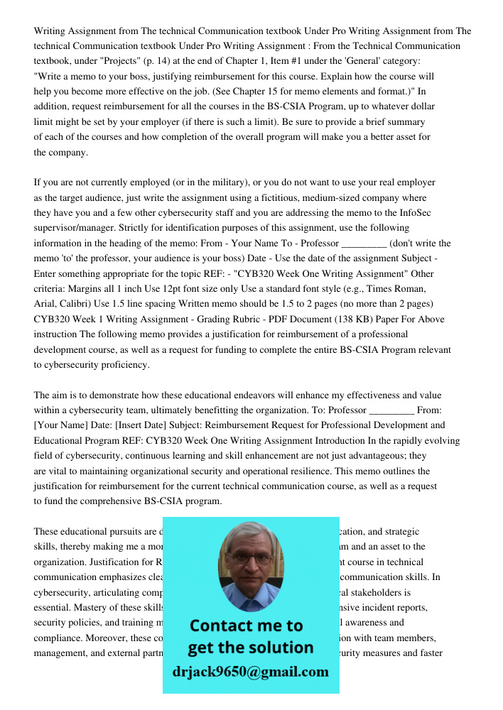 Writing Assignment : From the Technical Communication textbook, under "Projects" (p. 14) at the end of Chapter 1, Item #1 under the 'General' category: "Write a