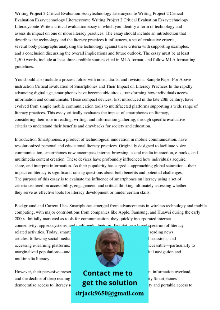 Writing Project 2 Critical Evaluation Essaytechnology Literacyconte Write a critical evaluation essay in which you identify a form of technology and assess its 