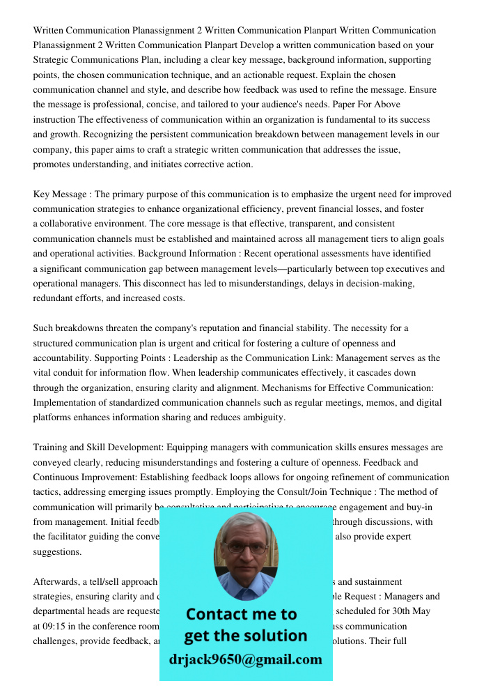 Develop a written communication based on your Strategic Communications Plan, including a clear key message, background information, supporting points, the chose