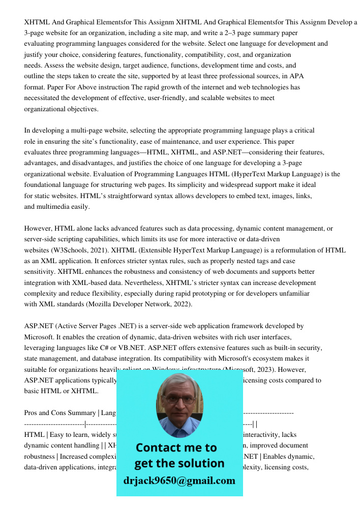 Develop a 3-page website for an organization, including a site map, and write a 2–3 page summary paper evaluating programming languages considered for the websi
