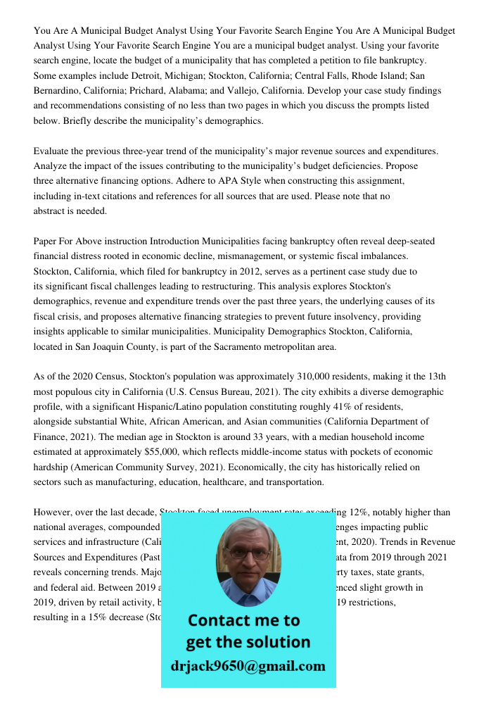 You are a municipal budget analyst. Using your favorite search engine, locate the budget of a municipality that has completed a petition to file bankruptcy. Som