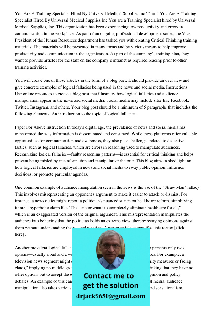 You Are A Training Specialist Hired By Universal Medi 234381