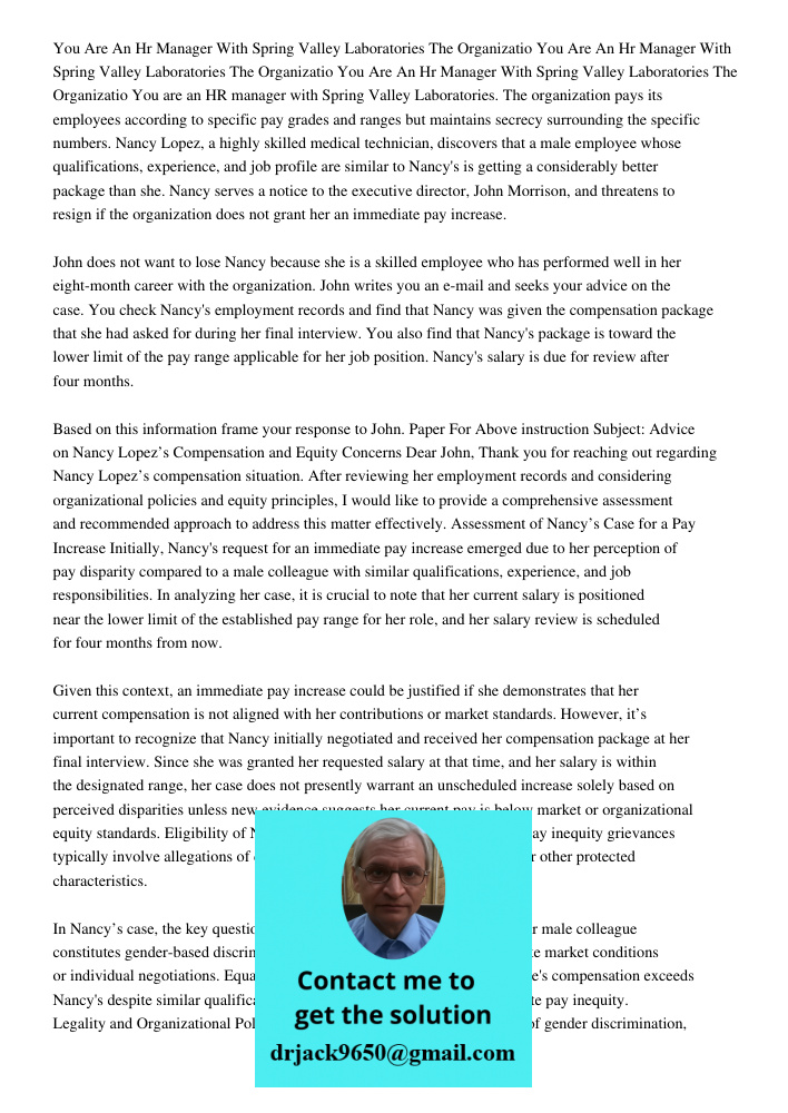 You Are An Hr Manager With Spring Valley Laboratories The Organizatio You are an HR manager with Spring Valley Laboratories. The organization pays its employees