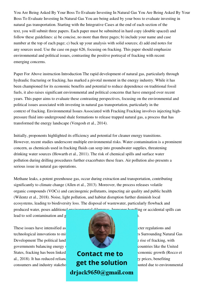 You are being asked by your boss to evaluate investing in natural gas transportation. Starting with the Integrative Cases at the end of each section of the text